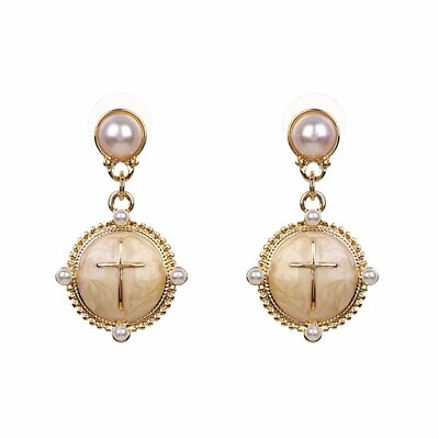 #ad Elegant Enamel Christian Cross Pearl Drop Dangle Earrings $16.89