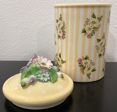 #ad Mackenzie Childs Wildflowers Canister Yellow Handmade Ceramic Gold Lustre 5quot;x9quot; $79.99
