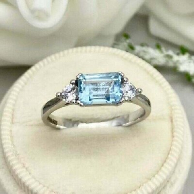 #ad 2Ct Engagement Ring Emerald Cut Aquamarine Trilogy 14k White Gold Finish For He $78.60