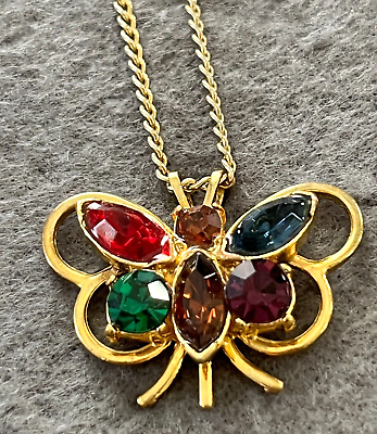 #ad Butterfly Necklace Rhinestones Bling Gold Tone Sparkly Multicolor Mothers Day $6.97