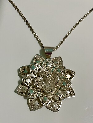 #ad 925 Sterling Silver Flower Pendant Necklace Fine Filigree Vintage with Stars $53.00