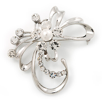 #ad Delicate Clear Crystal Floral Brooch Silver Tone Metal GBP 10.40
