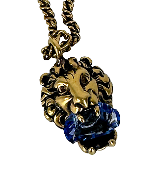 #ad Gucci $450 Auth Gold Tone Lion Head Blue Crystal Chain Necklace Pendant 23 in $197.00