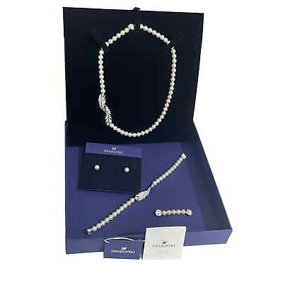 #ad Swarovski nice pearl set Necklace Bracelet amp; Studs White Rhodium New $298.00