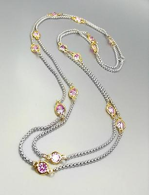 #ad CLASSIC Silver Box Cable Thin Chain Pink Rose Crystals 48quot; Extra Long Necklace $29.59