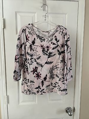 #ad Chicos Womens Size 1 Pull Over Pretty Shades of Pink Black Floral￼3 4 sleeve $18.39