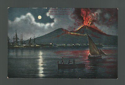 #ad Postcard Mount Vesuvius 1906 Eruption via Moonlit Bay Men in a Dinghy $22.50