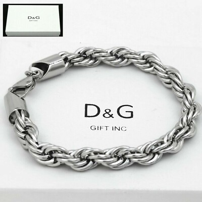 #ad DG Men#x27;s 8quot; Stainless Steel8mm Wide Rope Chain Bracelet High PolishBox $14.99