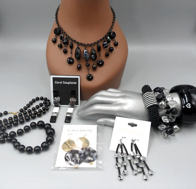 #ad 8 Pc Jewelry Lot Black Art Glass Waterfall Necklace Duplaise Ellen Tracy 003 $28.45