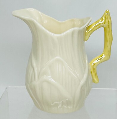 #ad Vintage Belleek Lily White Creamer Yellow Handle 7th Mark Gold 1980#x27;s $18.00
