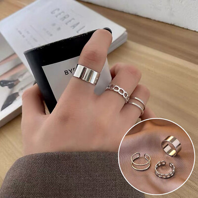 #ad 3Pcs set Round Ring Resizable Fashion Silver Adjustable Rings Set Party Jewelry $0.99