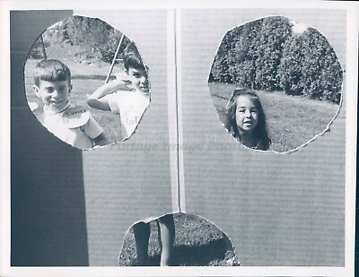 #ad 1950 Children Boys Girl Pretty Cut Circles Trees Smiles Image Vintage Photo $17.99