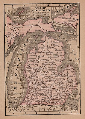 #ad 1888 Antique Tiny MICHIGAN State Map MINIATURE Map of Michigan 783 $17.55