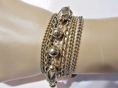 #ad VINTAGE CHAINS SHIMMERY GOLD TONE MIDCENTURY MULTI CHAIN BRACELET SIGNED JAPAN $17.00
