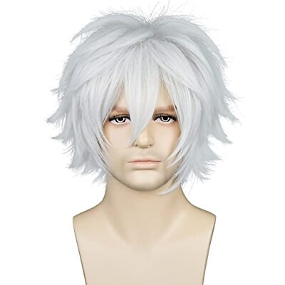 #ad Short White Cosplay Wig Male Men Anime Fluffy Silver Cosplay Wigs With Bangs ... $20.54