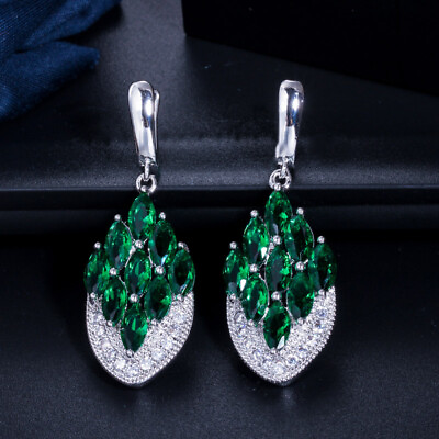#ad Silver Plated Green Cubic Zirconia Women Long Dangle Huggie Leaf Drop Earrings $6.99