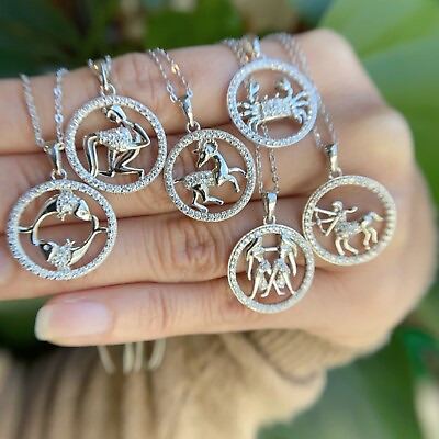 #ad Zodiac Signs Symbols CZ Charm Pendant Necklace 925 Sterling Silver Astrology $15.99
