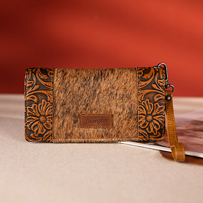 #ad Wrangler Hair On Cowhide Vintage Floral Tooled Wallet Brown $42.99