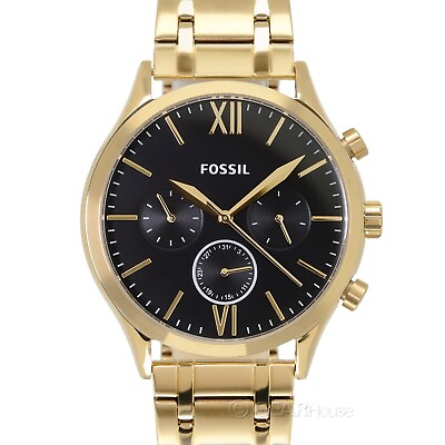 #ad FOSSIL Fenmore Mens Gold Multifunction Watch Black Dial Date Stainless Steel $73.37