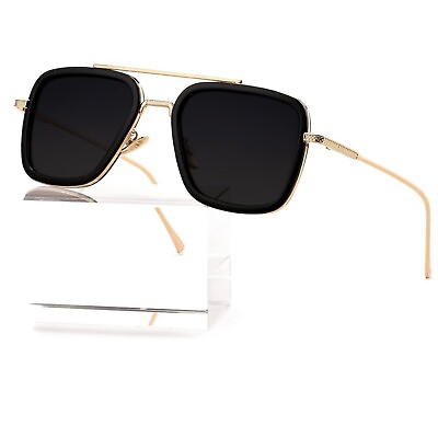#ad Vintage Gold Metal Frame Aviator Tony Stark Men Women Square Black Sunglasses $15.99