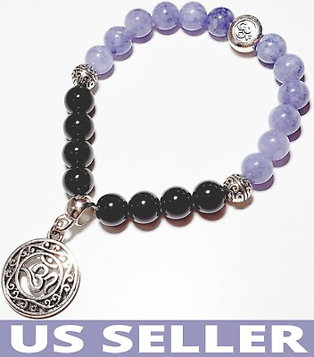 #ad HANDMADE💕 OM Pendant Obsidian amp; Angelite Gemstones Bracelet Yoga Wrist Mala $21.95
