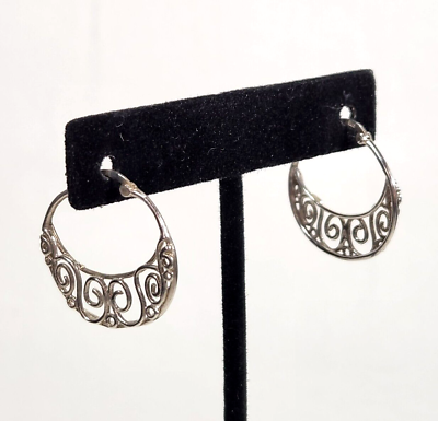 #ad Hoop Earrings Sterling Silver Pierced Hinged 1quot; Swirl Jewelry $22.99