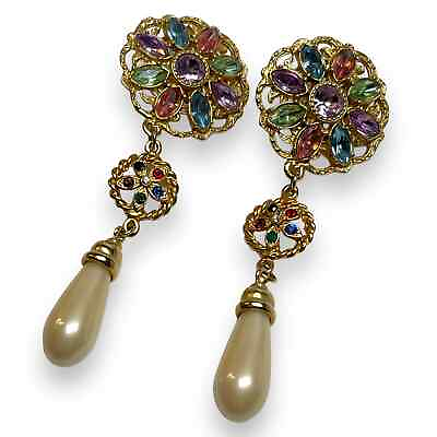 #ad #ad Gold Multicolor Jewel amp; Pearl Chandelier Teardrop Dangle Pearl Clip on Earrings $32.04