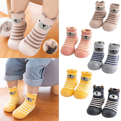 #ad Kids Toddler Baby Boys Girls Cartoon Striped Warm Knit Soft Sole Rubber Shoes $10.48