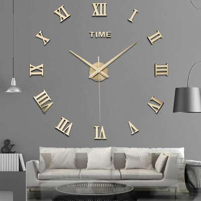 #ad Mirror Surface Large Modern Wall Clock 3D DIY Roman Number Sticker Decor Clock $8.36