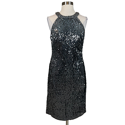 #ad Nightway Women#x27;s Cocktail Dress Size 8 Silver Sequined Velvet Sleeveless Sheath $49.99
