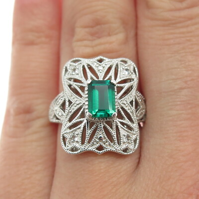 #ad 925 Sterling Silver Lab Created Emerald amp; White Topaz Bohemian Ring Size 6.25 $69.95