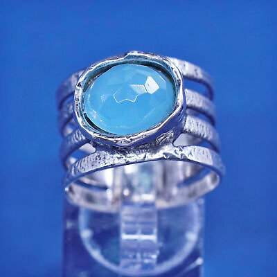 #ad sz 9.5 vtg Israel sterling 925 silver handmade ring with aqua blue chalcedony $78.00