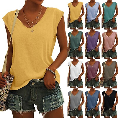 #ad Women#x27;s V Neck T Shirt Casual Cap Sleeve Vest Solid Loose Blouse Fit Tank Tops1 $11.32
