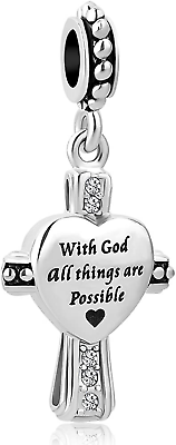 #ad NEW Charms Beads Cross with God All Things Are Possible Religious Dangle $24.99
