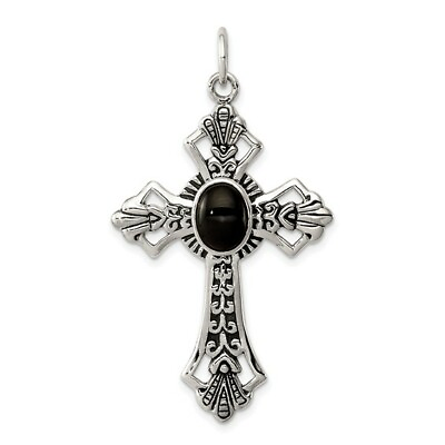 #ad Sterling Silver Onyx Antiqued Cross Pendant $100.98
