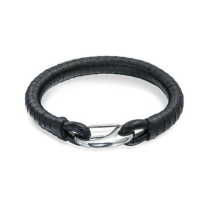 #ad Black Woven Braided Leather Bracelet Woven Bangle Stainless Hook Latch $12.99