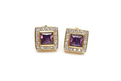 #ad Gold Plated Sterling Silver 925 Purple White Cubic Zirconia Stud Earrings $21.24