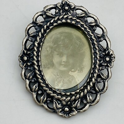 #ad Vintage Silver Tone Cameo Photo Holder Victorian Brooch Revival Metal Pin $12.00