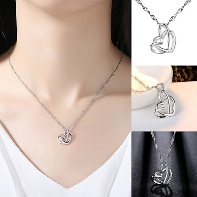 #ad Double Heart Pendant Necklace Clavicle Chain Elegant Women Accessories Fashion $8.27