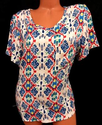 #ad Women#x27;s white blue red tribal scoop neck short sleeve patch pocket top 2X $13.99
