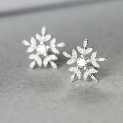 #ad Women 925 Silver Filled Snowflake Stud Earring Cubic Zircon Wedding Jewelry C $2.61