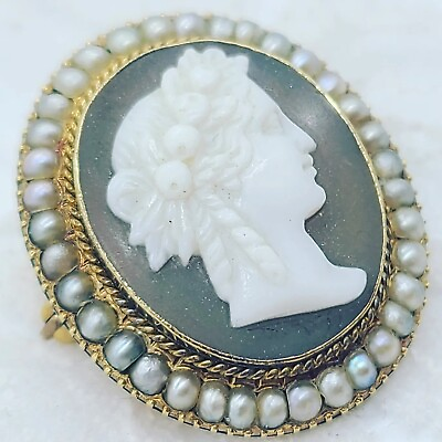 #ad Stunning Antique Victorian Hard Stone Cameo Seed Pearls Solid MARKED 14K Gold $520.00