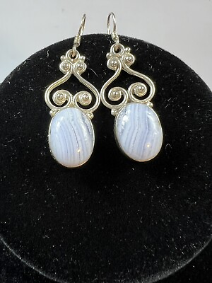 #ad Blue Agate Earrings Gemstone Oval Sterling Silver Bezel Dangle French Wire .925 $33.00