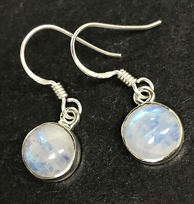 #ad Blue rainbow moonstone drop earrings round solid Sterling silver 9mm box #2 GBP 26.99