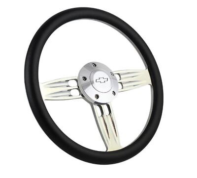 #ad 14quot; Polished Steering Wheel Black Wrap Chevy Horn Button 5 Hole $226.10