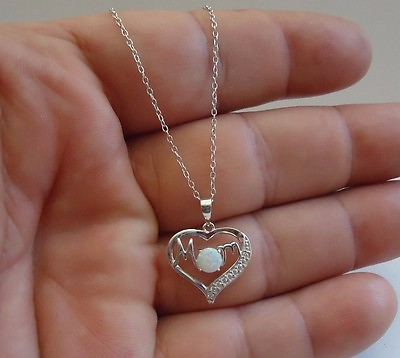 #ad 925 STERLING SILVER HEART W WORD MOM NECKLACE PENDANT W LAB DIAMONDS amp; OPAL $27.59