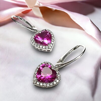 #ad Handmade Lab Made Sparkling Pink Heart Sapphire Earrings Sterling Silver 925 $79.99