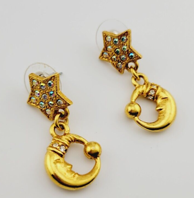 #ad KIRKS FOLLY goldtone moon amp; dangle crystal stars earrings with AB clear stones $45.00