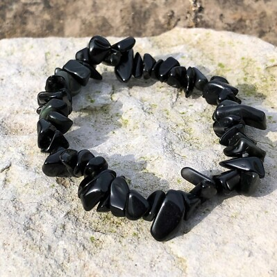 #ad Natural Obsidian Stone Chip Bracelet Black Gemstone Stretch Bracelet Handmade $9.90
