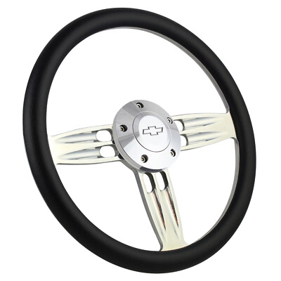 #ad 14quot; Inch Polished Steering Wheel Chevy Bowtie Horn 6 Hole Black Grip GMC Dodge $148.03